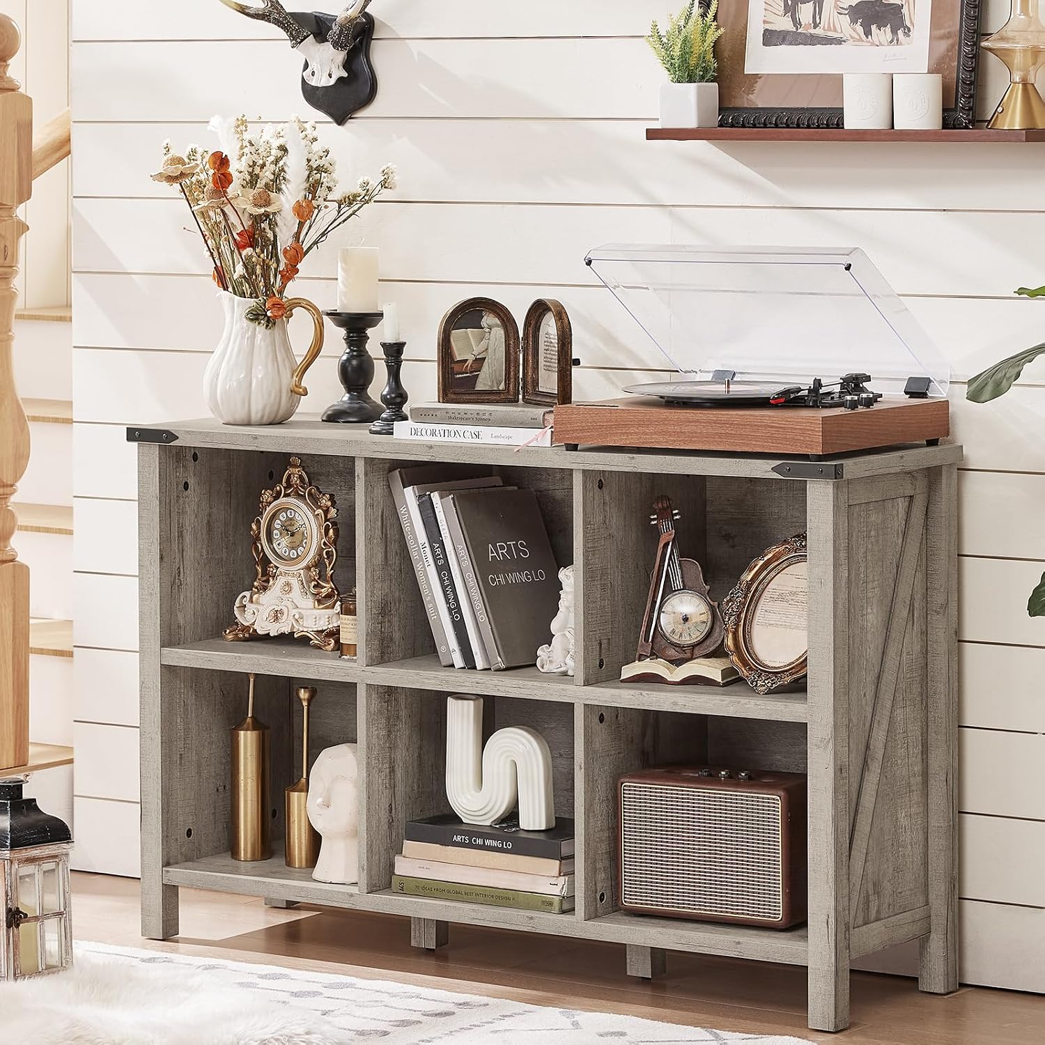 Joaxswe Farmhouse 6 Cube Bookshelf, Rustic Grey Oak Wooden Storage Organizer Book Shelf, 47 Inch Cubby Hallway Bookcase, Kids Toy Storage Cabinet, Modern Open Book Case for Living Room, Hallway