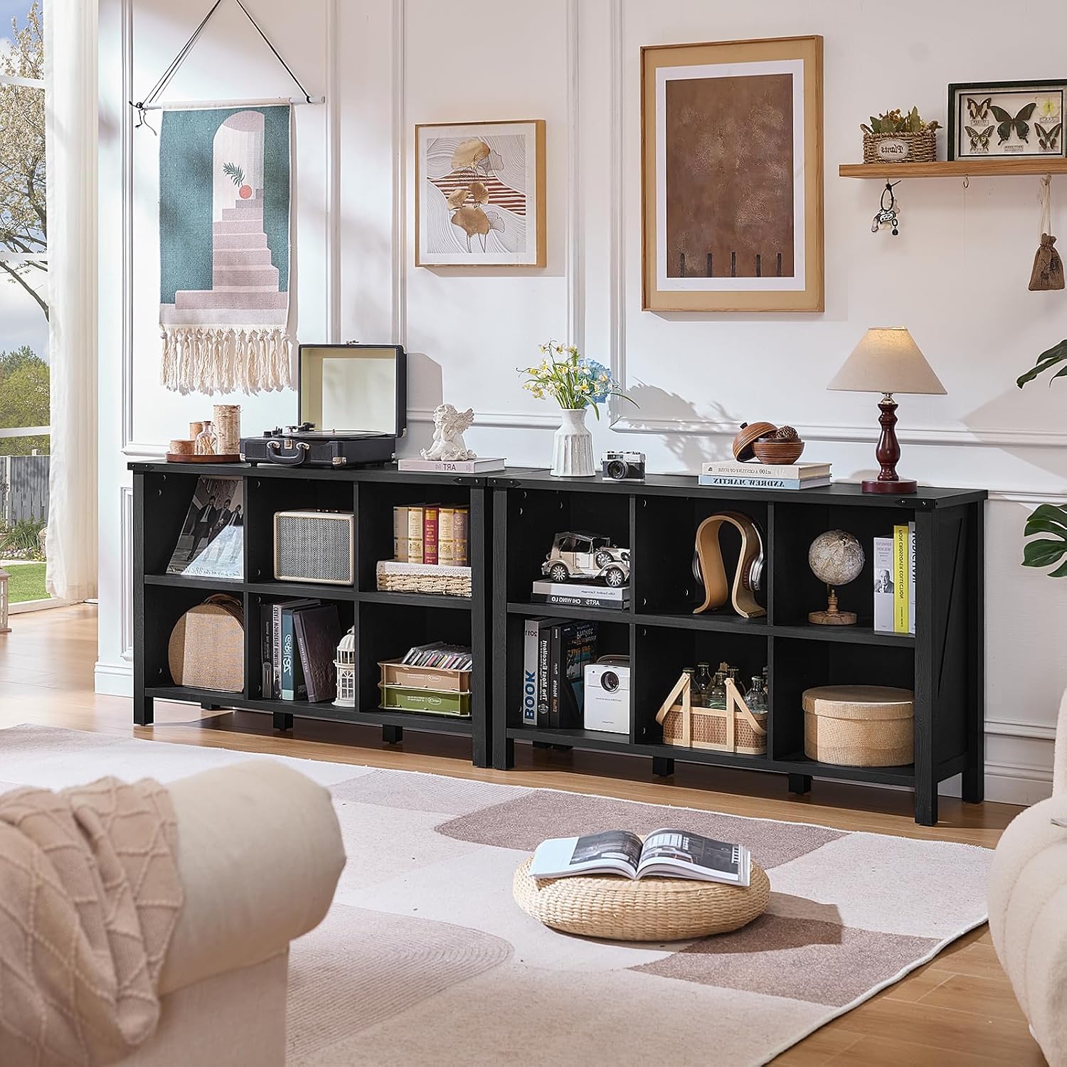 Joaxswe 6 Cube Bookcase, Farmhouse Wood Low Storage Organizer Book Shelf, Black 47' Horizontal Console Bookshelf with Legs, Hallway Book Case for Entryway, Display Cabinet for Living Room, Office
