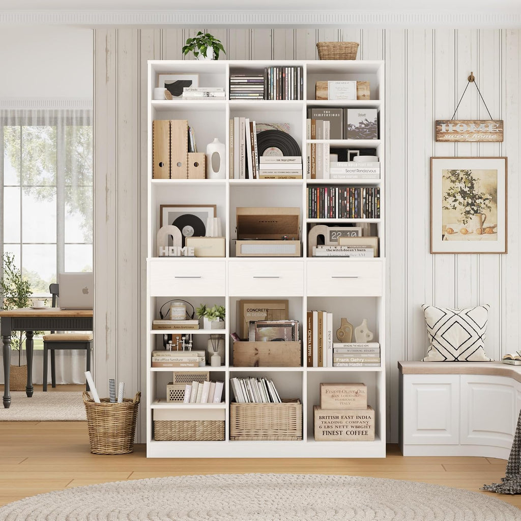 HOSTACK 75' Tall Book Shelf and Bookcase, 47' Wide Bookshelf with Drawers, Modern 9 Tier Bookcase with Storage, Large Wood Display Cabinet with Adjustable Shelves for Living Room, Home Office, White