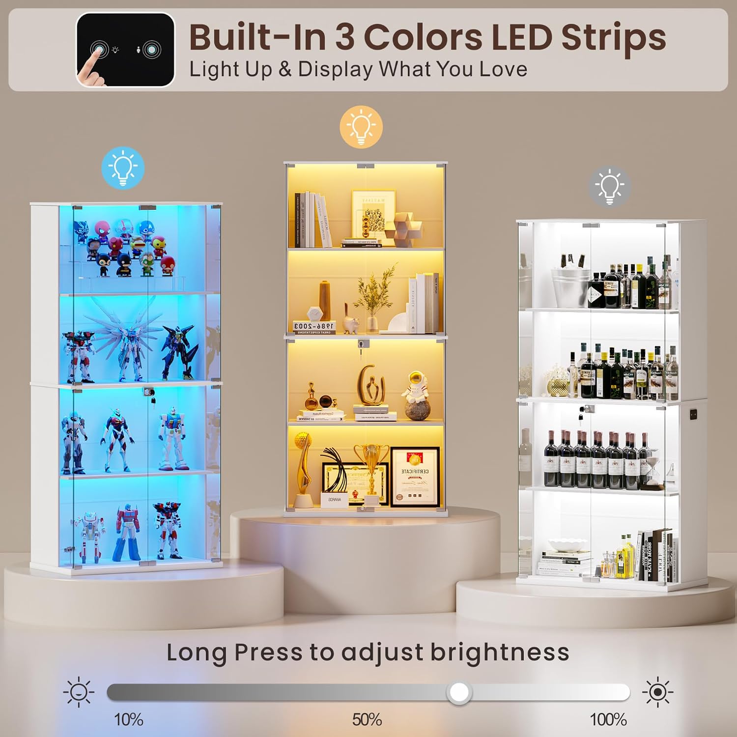 Display Cabinet with Glass Door,Lighted 4-Tier Curio Cabinet with3 Color Lights for Collectibles Bookcases,66' Lockable Display Case with Human Body Sensor,White