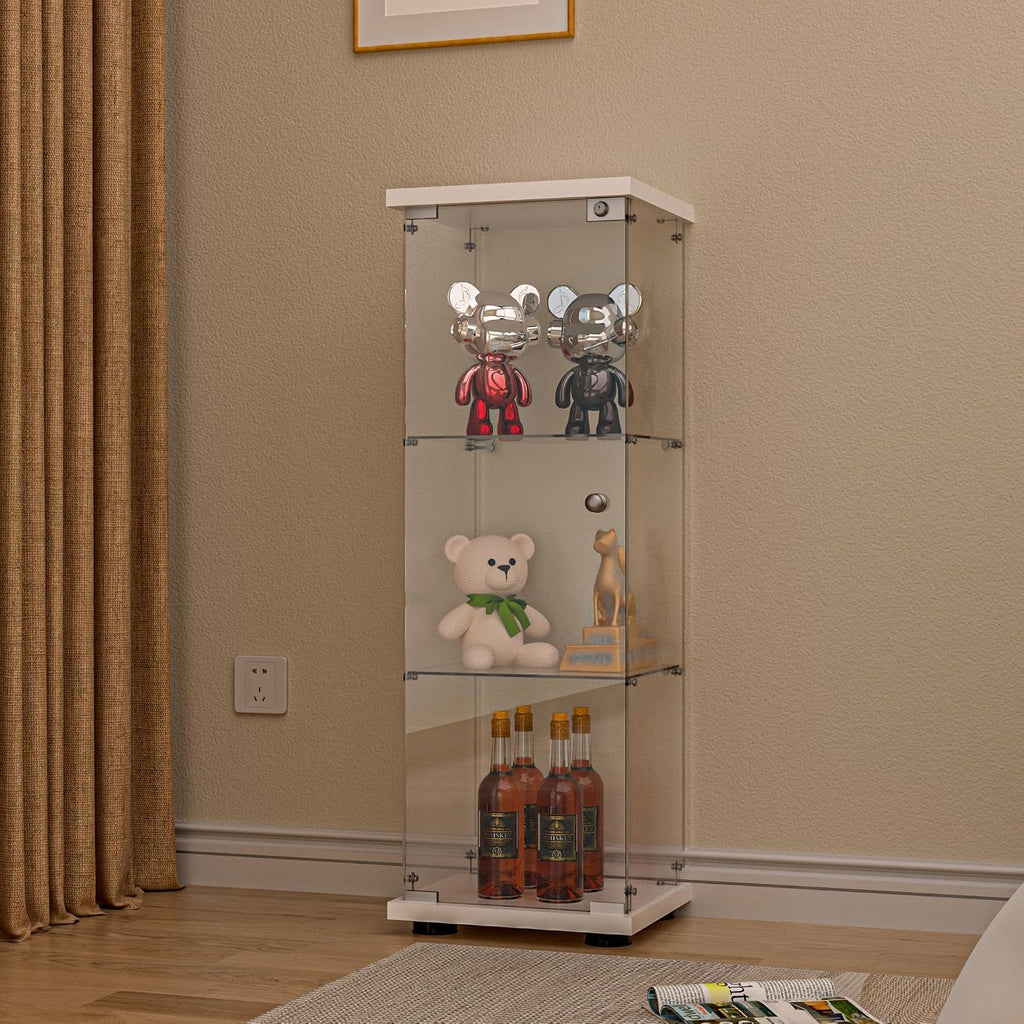 FANYUSHOW 3-Shelf Glass Display Cabinet with Door, Upgraded Quick-Install Style Curio Cabinets 4mm Tempered Glass Floor Standing Bookshelf for Bedroom, Living Room 49.1'x 16.7'x 14.3' White