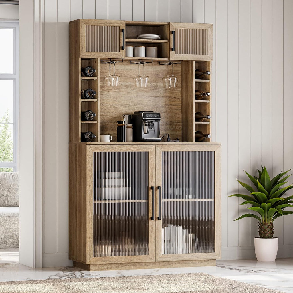 BELLEZE Coffee Wine Bar Cabinet with Power Outlet, 72' Rustic Liquor Cabinet, Fluted Buffet Cabinet with Storage Kitchen Pantry Cupboard Wine & Glasses Rack Server with Hutch for Dining Room - Camel