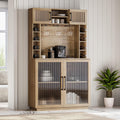 BELLEZE Coffee Wine Bar Cabinet with Power Outlet, 72' Rustic Liquor Cabinet, Fluted Buffet Cabinet with Storage Kitchen Pantry Cupboard Wine & Glasses Rack Server with Hutch for Dining Room - Camel