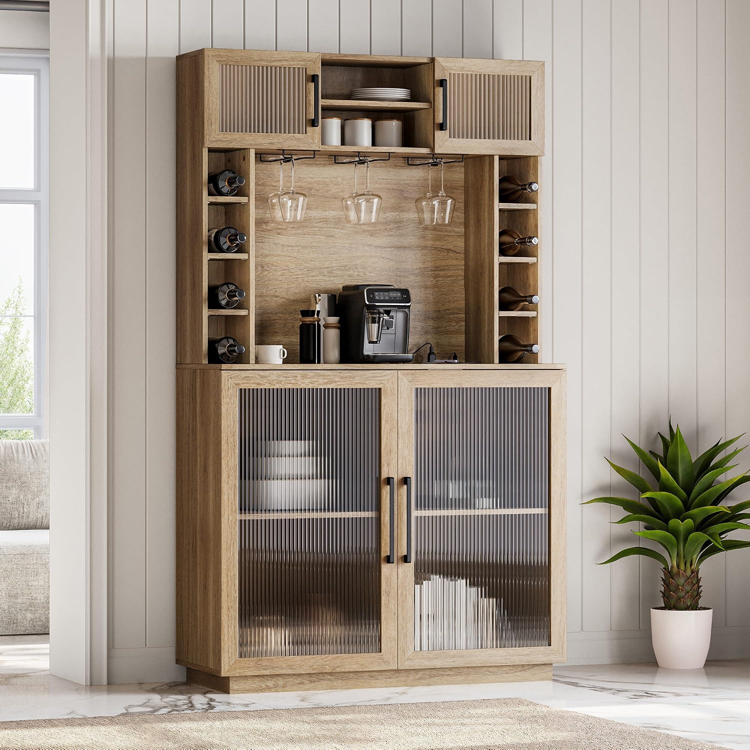 BELLEZE Coffee Wine Bar Cabinet with Power Outlet, 72' Rustic Liquor Cabinet, Fluted Buffet Cabinet with Storage Kitchen Pantry Cupboard Wine & Glasses Rack Server with Hutch for Dining Room - Camel