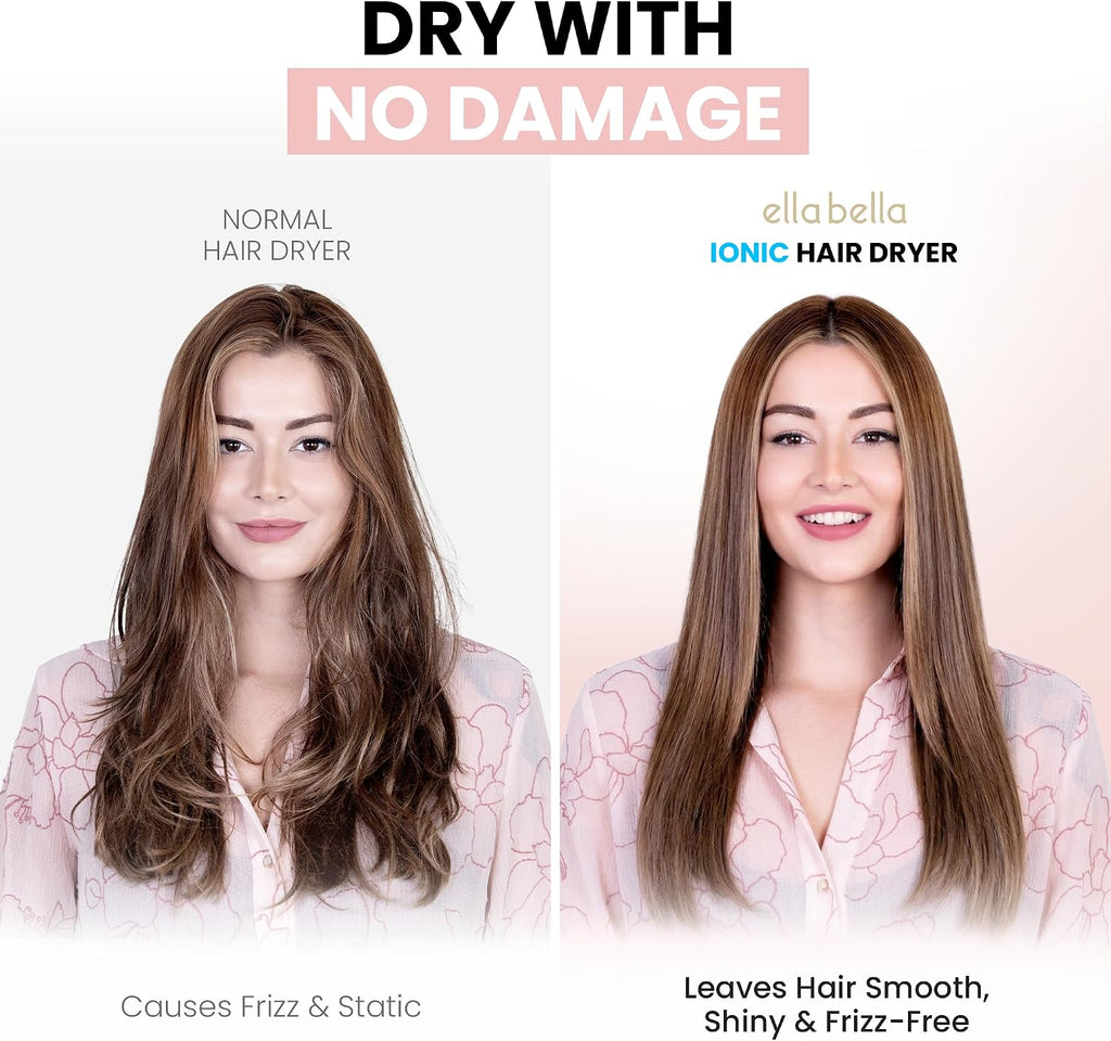 ELLA BELLA® Professional Ionic Hair Dryer with Diffuser • Negative Ion Blow Dryer • Suitable All Hair Types • Intelligent Heat Control & Rapid Drying Speeds • Lightweight Design • Low Noise Technology