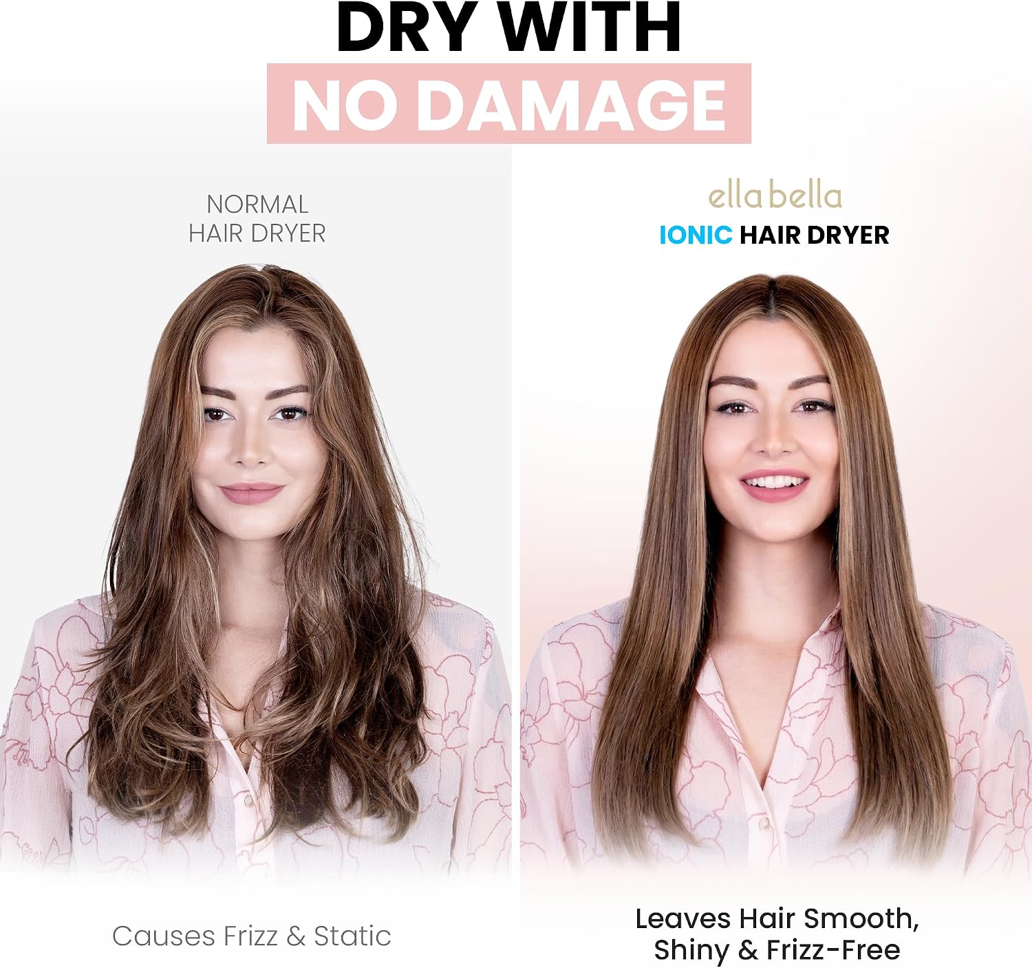 ELLA BELLA® Professional Ionic Hair Dryer with Diffuser • Negative Ion Blow Dryer • Suitable All Hair Types • Intelligent Heat Control & Rapid Drying Speeds • Lightweight Design • Low Noise Technology