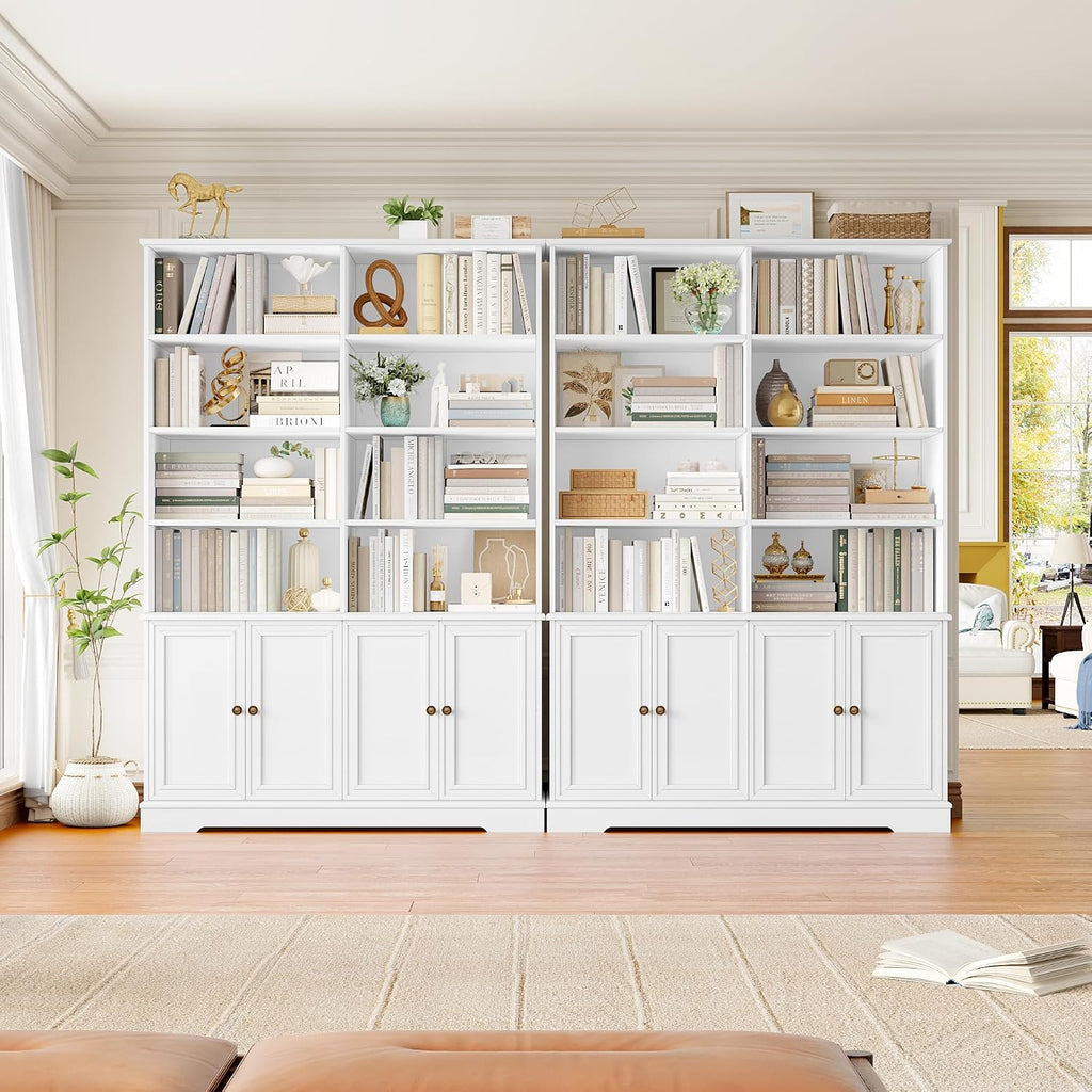 FINETONES 73' White Bookshelf with Doors, 6 Tier Tall Bookshelf Double Wide Bookcases and Bookshelves with Storage, Large Display Cabinets for Home Office,Living Room, Library