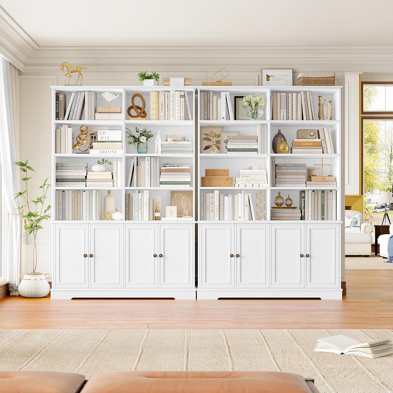 FINETONES 73' White Bookshelf with Doors, 6 Tier Tall Bookshelf Double Wide Bookcases and Bookshelves with Storage, Large Display Cabinets for Home Office,Living Room, Library