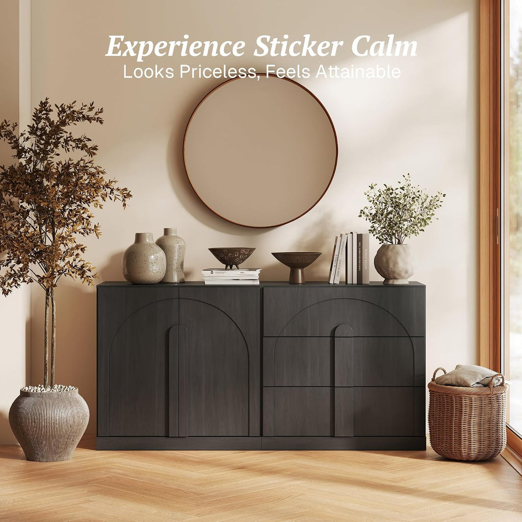 BELLEZE Modular Sideboard Cabinet with Storage, 2-Piece Modern Buffet Cabinet with Adjustable Shelf and 3 Drawers, Media Console Minimalist Credenza for Living Room Kitchen Dining Room, Ebony