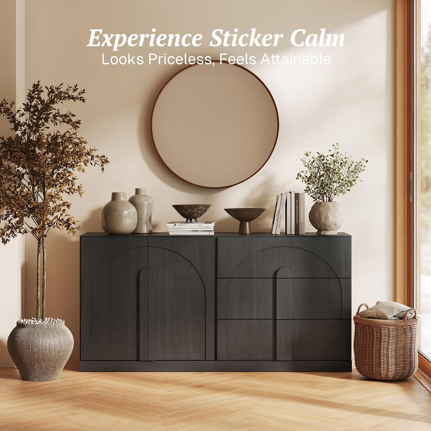 BELLEZE Modular Sideboard Cabinet with Storage, 2-Piece Modern Buffet Cabinet with Adjustable Shelf and 3 Drawers, Media Console Minimalist Credenza for Living Room Kitchen Dining Room, Ebony