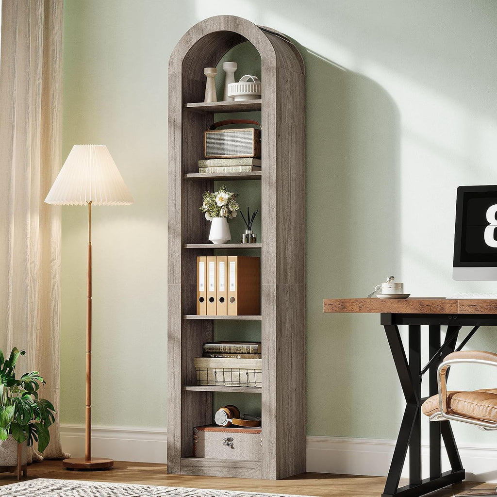 Tribesigns 74.8' Tall Arched Bookshelf, 6-Tier Narrow Open Bookcase, Floor Standing Corner Display Shelves Storage Organizer for Small Space, Home Office, Living Room (Grey, 1 PC)