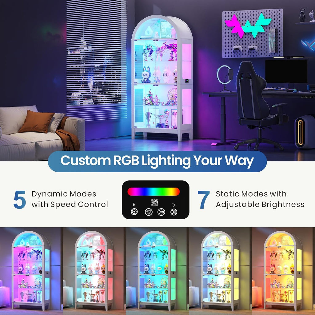 WOOVIVS Glass Display Cabinet with RGB Lights, 69' Tall Curio Cabinet with Rebound Tempered Glass Door, 5-Tier Adjustable Display Case for Living Room (White)
