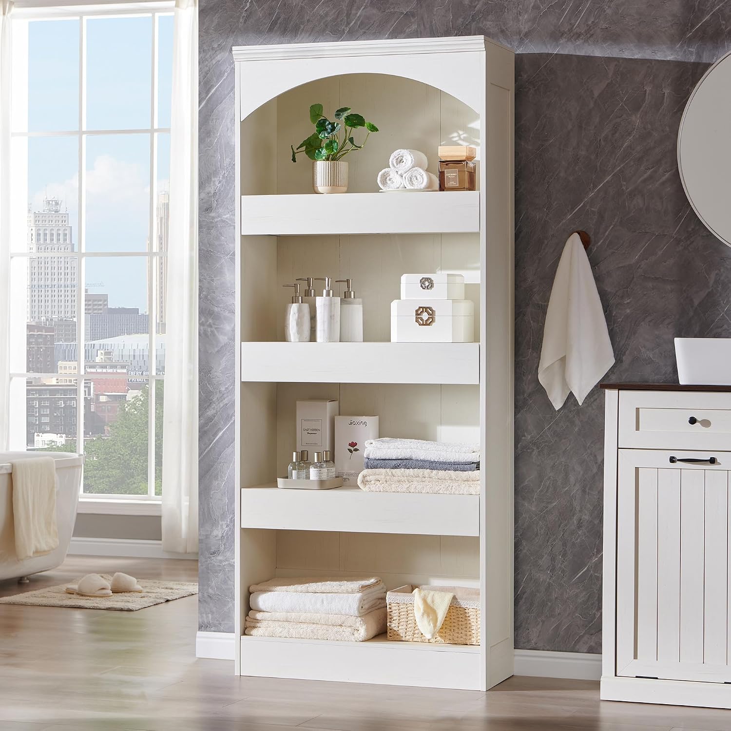 IFGET 76' Tall Arched Bookcase with 1PC Magnetic Lock Drawer, Modern Wooden Arch Bookshelf w/3 Pull-Out Drawers, Farmhouse 4 Tiers Book Shelf w/Open Shelves for Living Room, Office (Antique White)