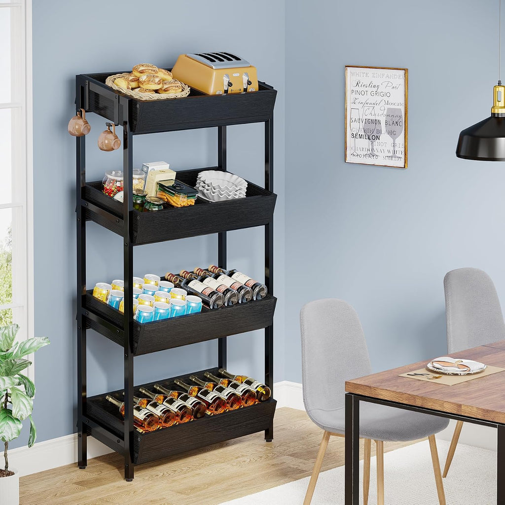 Tribesigns Wood Fruit and Vegetable Basket Stand Rack for Kitchen, Office, Store, Supremarket, Pantry Shelf Unit for Snacks, 4-Tier Wooden Utility Storage Shelves (Black)