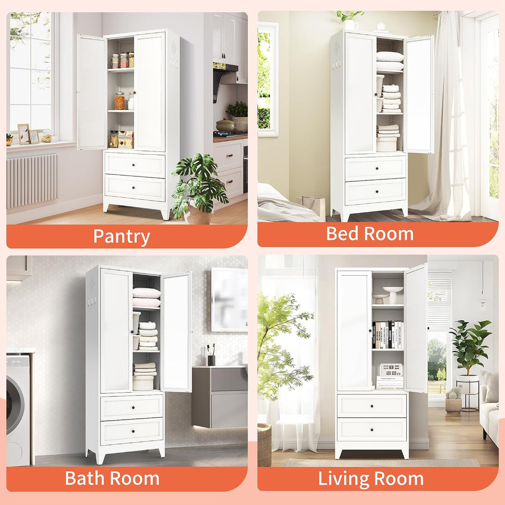 72' Metal Storage Cabinet with 2 Doors and 2 Drawers,White Kitchen Pantry Cabinet,Large Steel Cupboard Utility Cabinets for Kitchen,Living,Dining Room,Bathroom,Assembly Required
