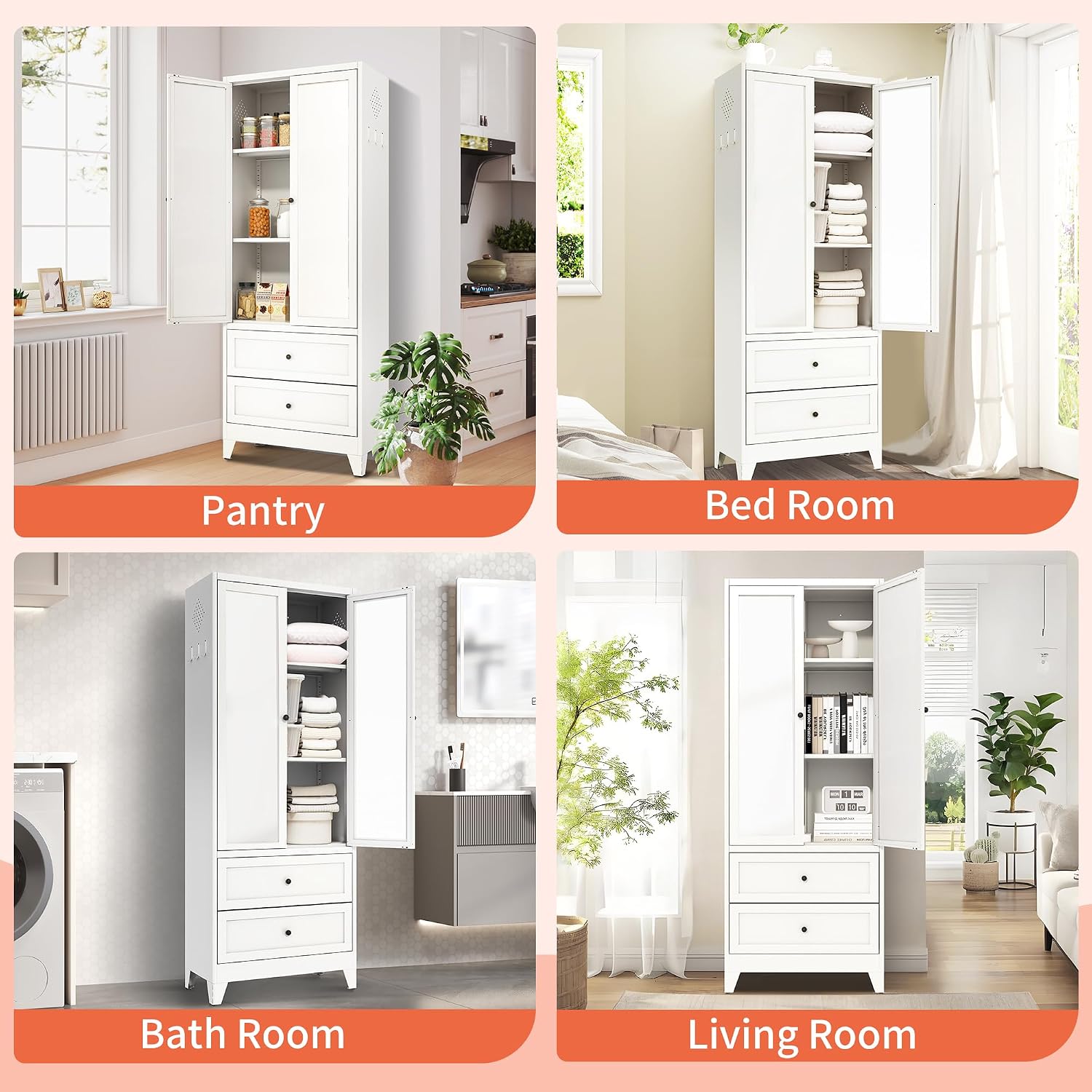 72' Metal Storage Cabinet with 2 Doors and 2 Drawers,White Kitchen Pantry Cabinet,Large Steel Cupboard Utility Cabinets for Kitchen,Living,Dining Room,Bathroom,Assembly Required