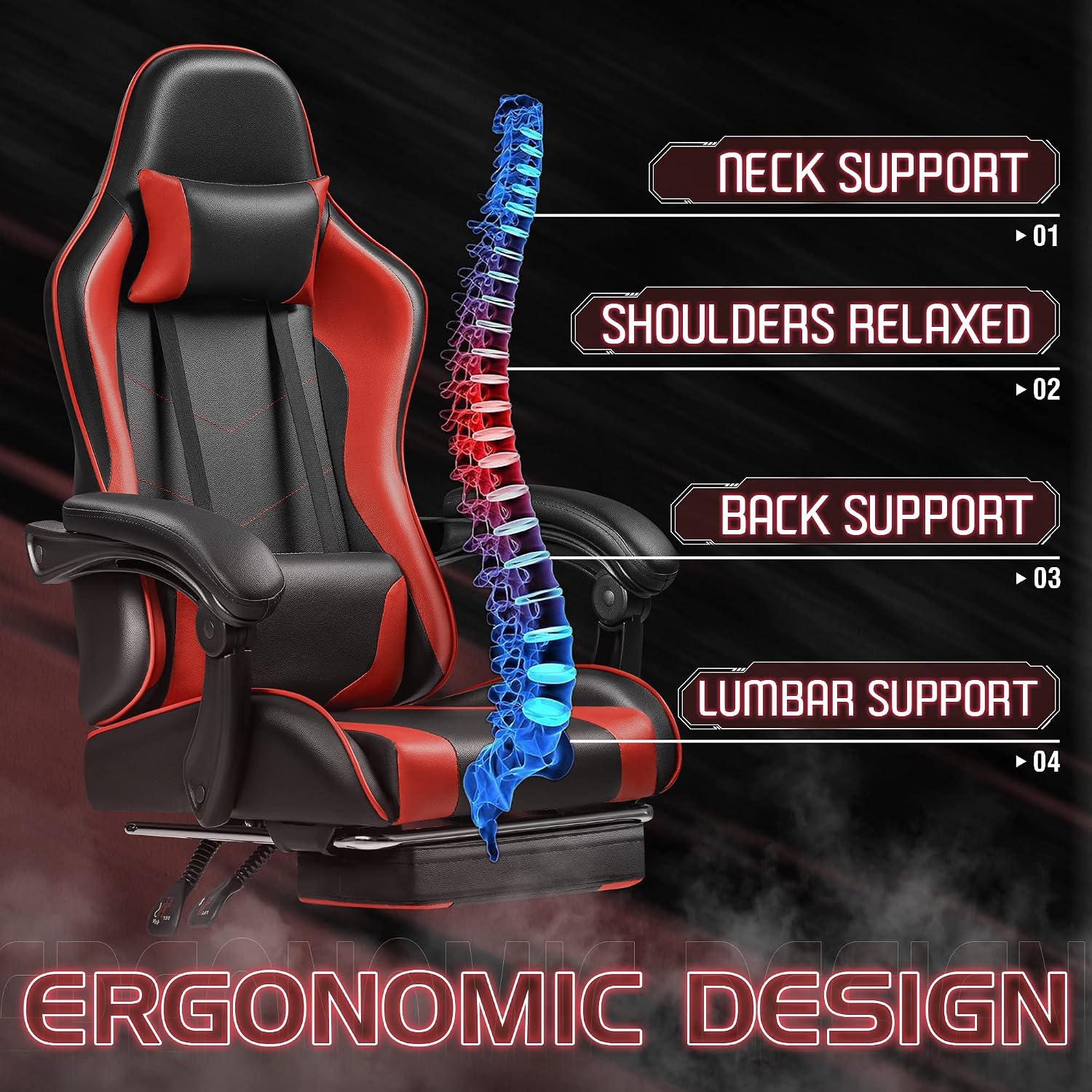 Homall Gaming Chair, Video Game Chair with Footrest and Massage Lumbar Support, Ergonomic Computer Chair Height Adjustable with Swivel Seat and Headrest (Red)