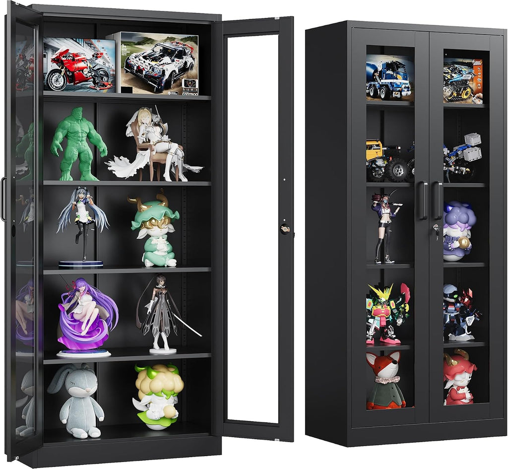 Metal Storage Cabinet with Lock and Glass Doors,Glass Display Cabinet,Black Storage Cabinets,Locking Curio Cabinets with 5 Shelves for Collectibles,Home,Office,Living Room