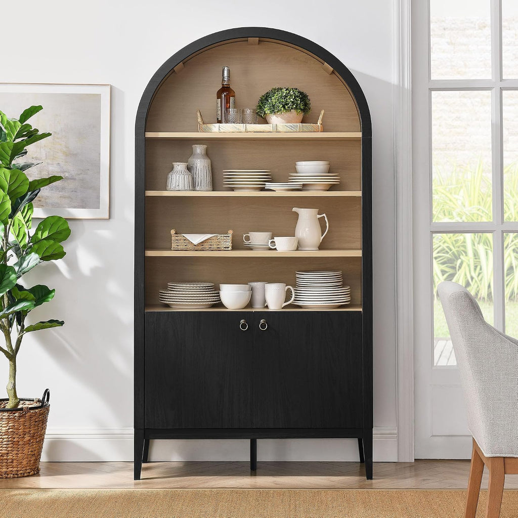 Modway Nolan Tall Arched Storage Display Cabinet in Black - 74 Inch Arch Bookshelf with Open and Closed Shelving - Modern Accent Cabinet for Living Room, Dining Room