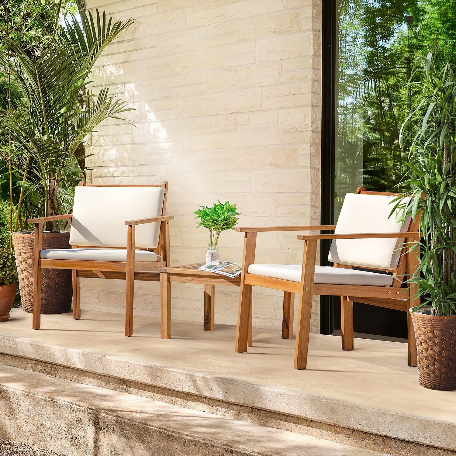Greesum 3 Piece Bistro Patio Furniture Outdoor Chat Chair Set with Water Resistant Cushions and Coffee Table for Beach Backyard Garden, Beige