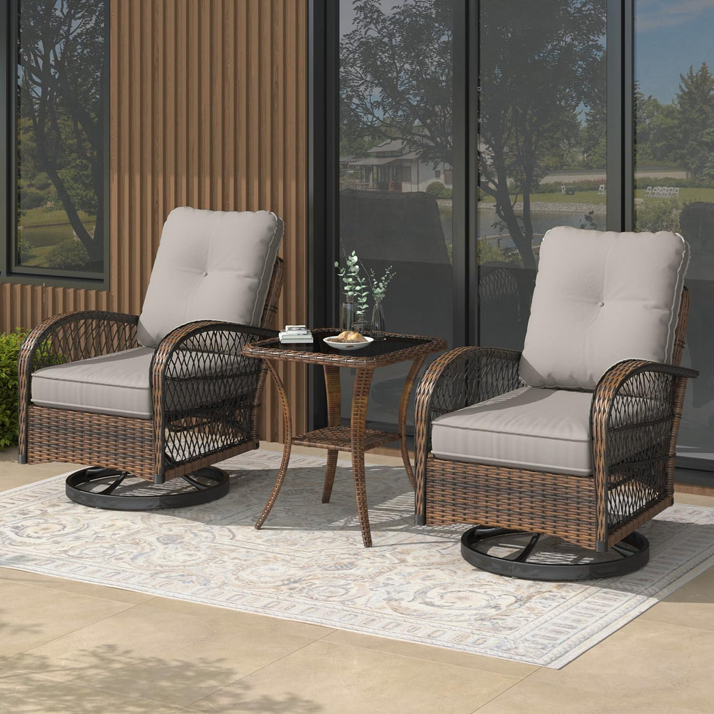 EROMMY 3 Pieces Patio Furniture Set, Outdoor Swivel Rocker Patio Chairs, Wicker Patio Bistro Set with Rocking Chair, Thickened Cushions and Glass Coffee Table for Backyard, Garden, Grey