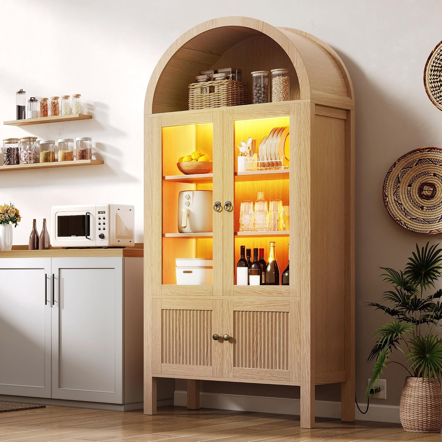 YITAHOME 71' Arched Cabinet Bookshelf Bookcase with LED Light/Wood Display Cabinet with Tempered Glass Doors and Adjustable Shelves/Kitchen Pantry with Storage for Living Room,Dining Room-Nature