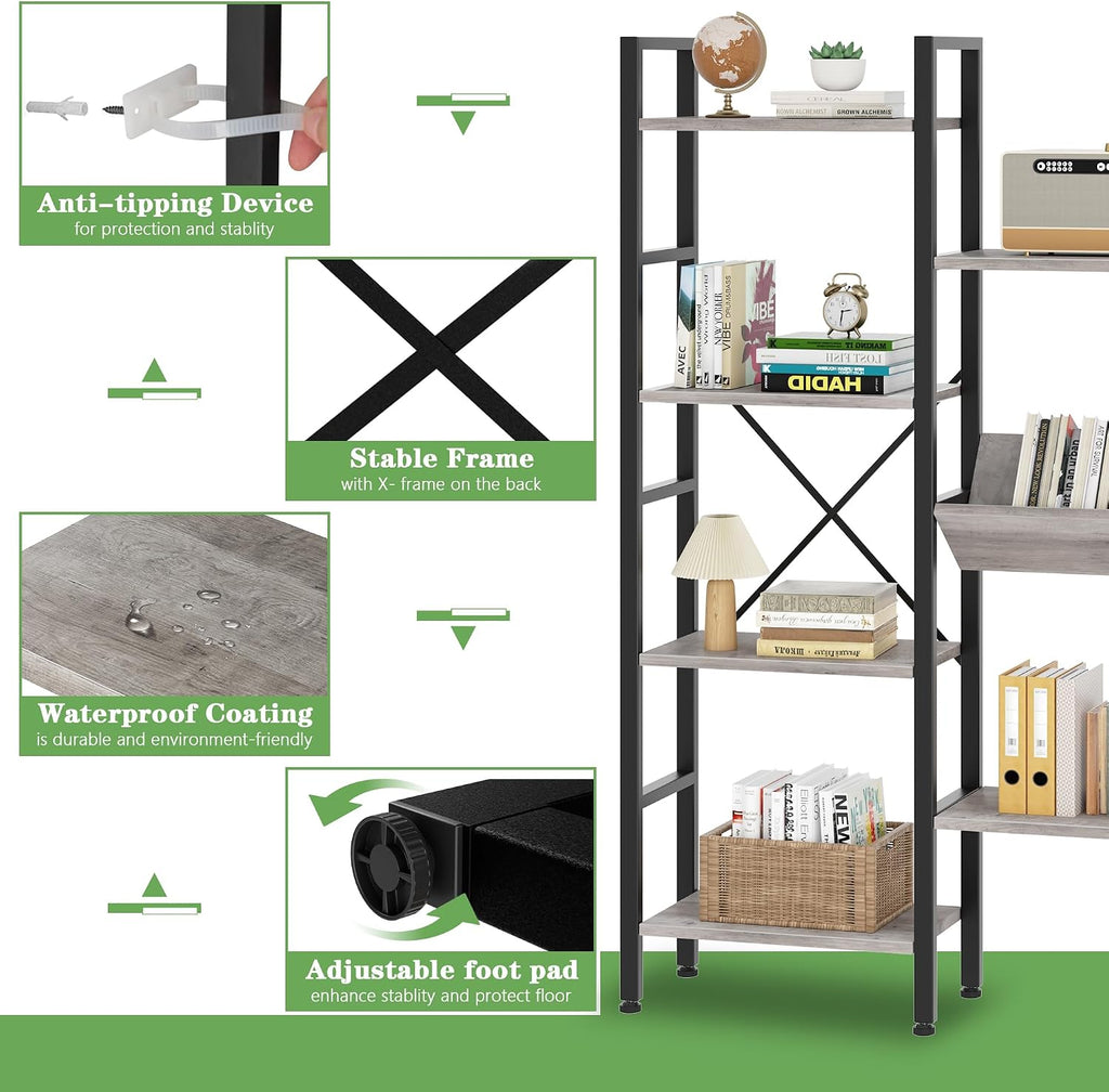 Triple Wide 4 Tier Bookcase, 11 Open Display Shelves, Free Standing, Adjustable Shelves for Home, Living Room, Bedroom, Grey