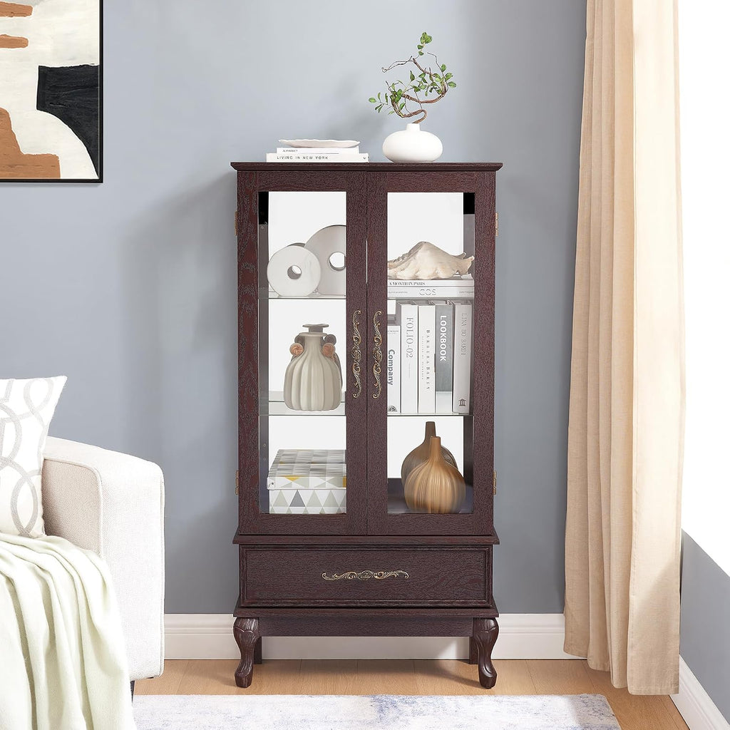 51' H Lighted Curio Display Cabinet with 2 Doors & 1 Drawer, Wooden Glass Curio Showcase w/Adjustable Shelves & Mirrored Back Panel, Storage Cabinet Display Case for Living Room(Dark Cherry)