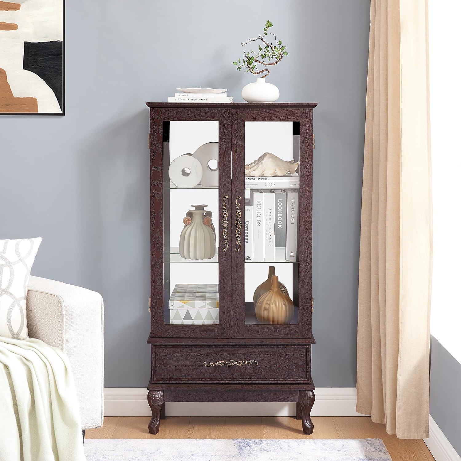 51' H Lighted Curio Display Cabinet with 2 Doors & 1 Drawer, Wooden Glass Curio Showcase w/Adjustable Shelves & Mirrored Back Panel, Storage Cabinet Display Case for Living Room(Dark Cherry)