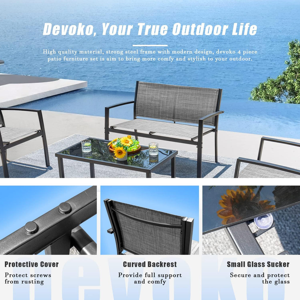 Devoko 4 Pieces Patio Furniture Set Outdoor Garden Patio Conversation Sets Poolside Lawn Chairs with Glass Coffee Table Porch Furniture (Grey)