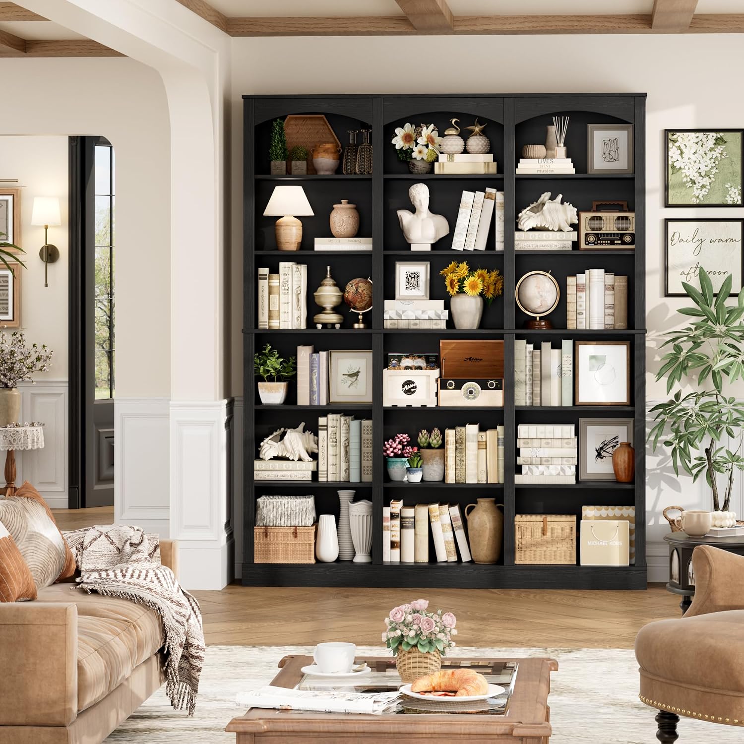 FACBOTALL 71' Triple Wide Bookshelf, 6 Tier Tall Bookshelf, Large Book Shelf with Curved Baffle, 63.4' Wide Bookcase with 18 Open Display Shelves for Living Room, Study, Black