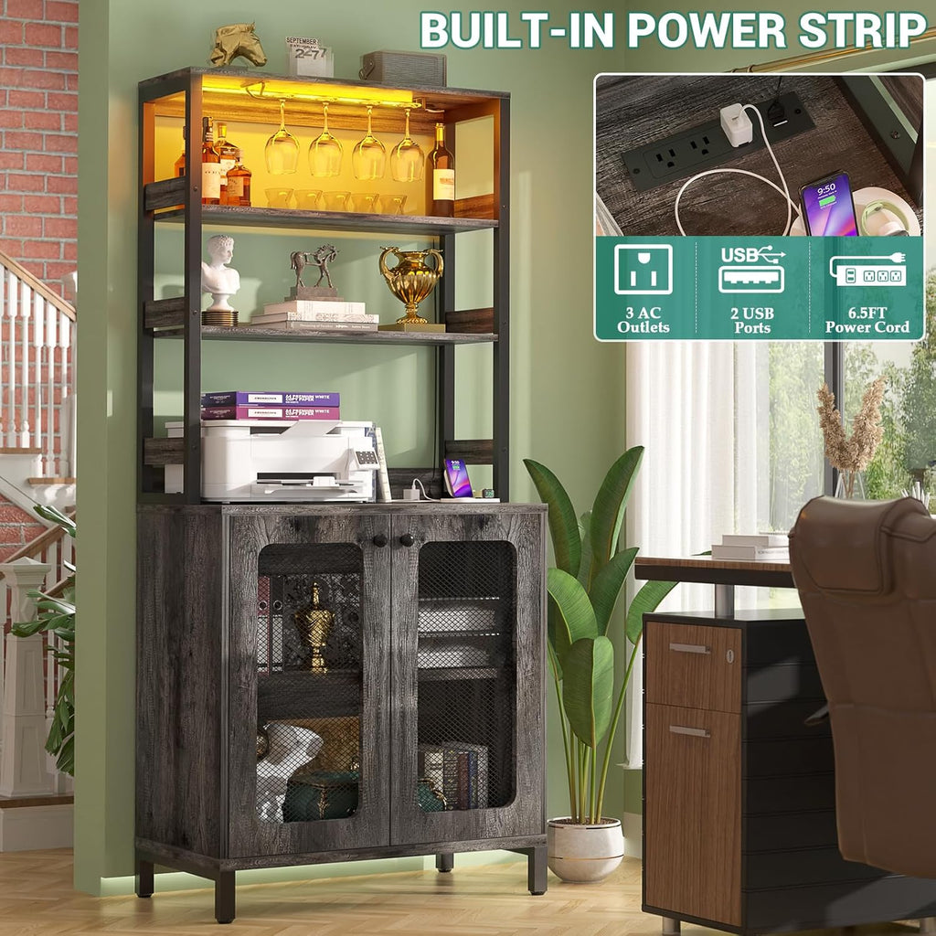 Aheaplus Bar Cabinet with Power Outlets, 67' Tall Wine Bar Cabinet Liquor Cabinet with LED Lights and Glass Holder, Coffee Bar Station for Living Room, Microwave Stand Bakers Rack Cabinet, Black Oak