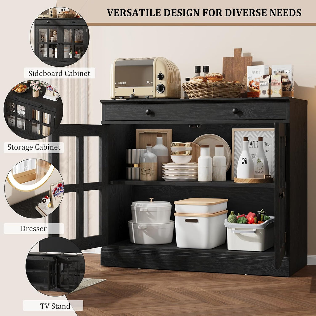 GarveeHome 35.4 in Sideboard Buffet Cabinets with Glass Door, Buffet Cabinet with Storage, Black Sideboard Cabinet with Drawer, Modern Buffets & Sideboards for Dining Room, Kitchen