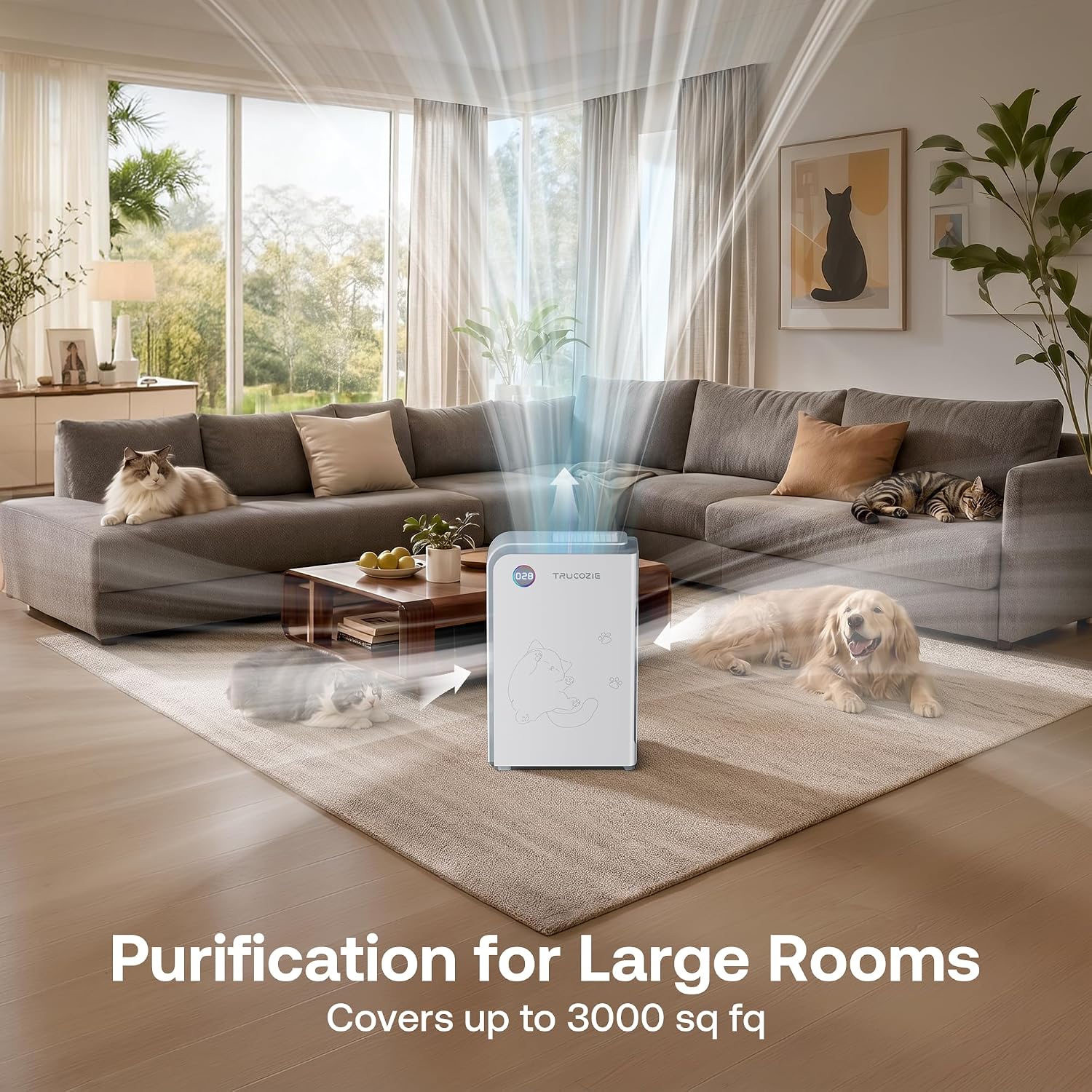 Trucozie Large Pet Air Purifier for Home up to 3000 Ft², Absorbs Floating Cat and Dog Hair, Smart WiFi, 3-in-1 Filter with Anion, Activated Carbon & HEPA for Pet Allergy, Smoke, Dust, Zero Ozone