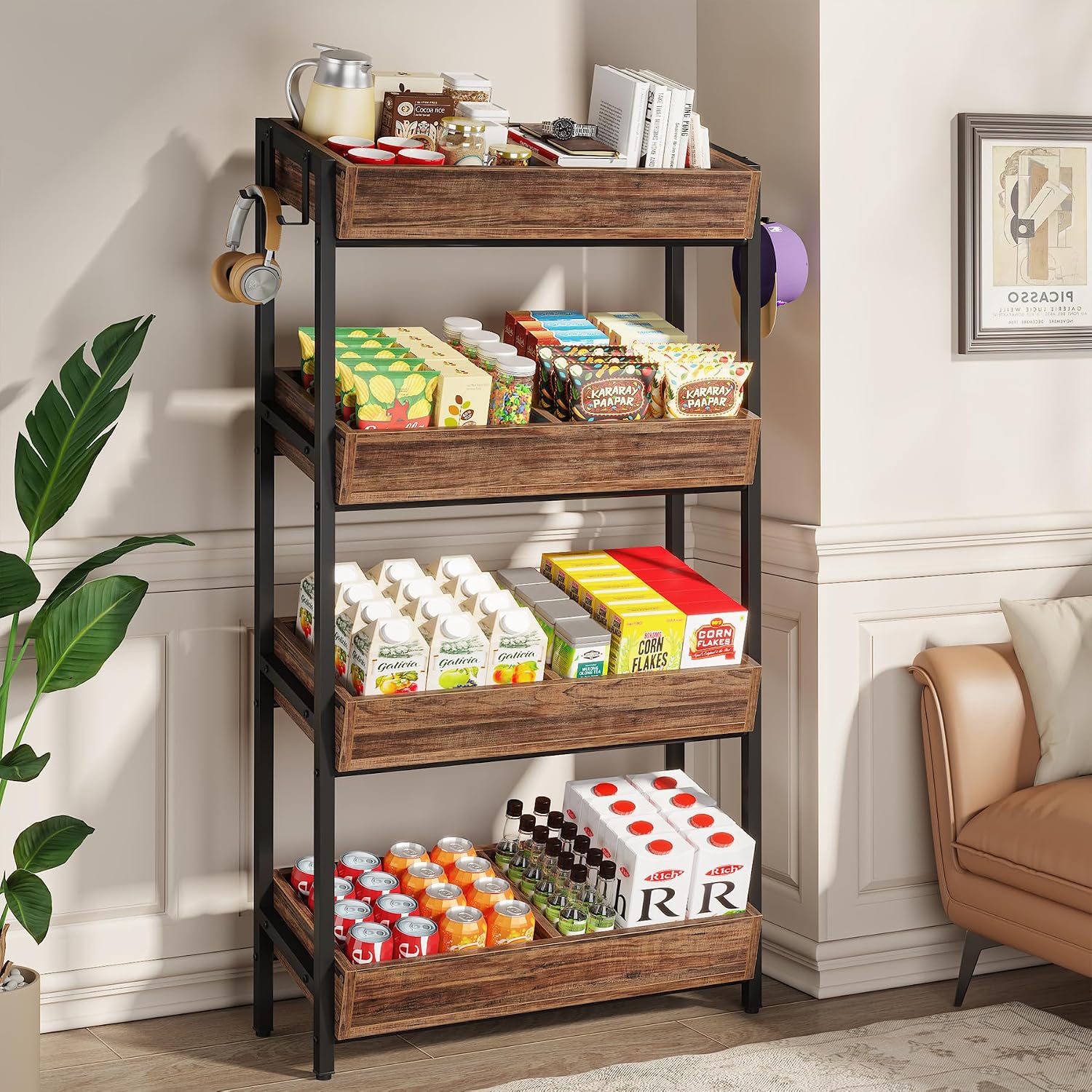 Tribesigns 4-Tier Retail Snack Display Shelf, Snack Rack Display Stand with 4 Hooks, Retail Shelves Racks for Vendors, Store, Supermarket and Home Kitchen