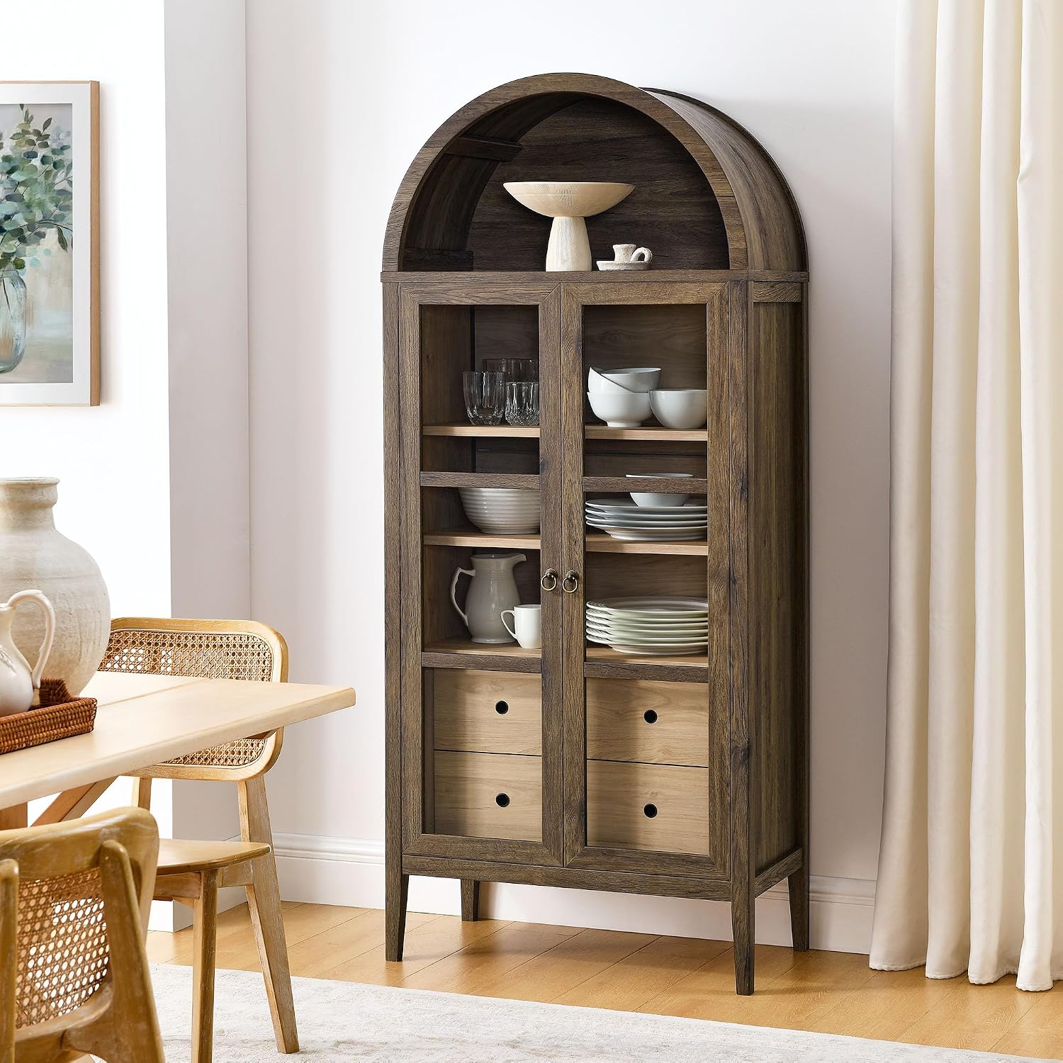 Modway Nolan Modern Farmhouse 71 Inch Tall Arched Storage Display Cabinet in Walnut Hickory Wood Grain - 4-Tier Bookcase with Glass Doors and Shelves - Arch Accent Cabinet for Living Room