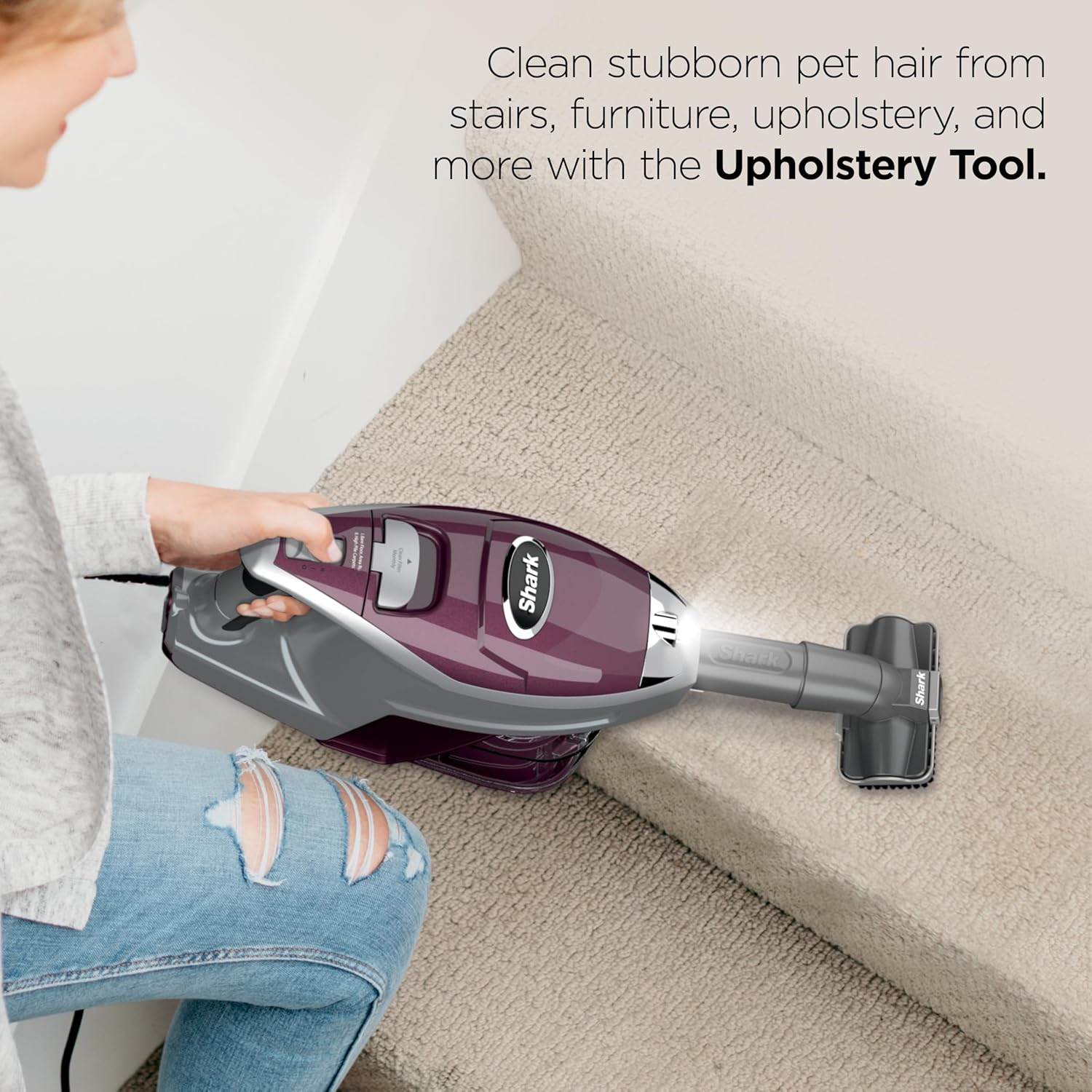 Shark HV322 Rocket Pet Plus Corded Stick Vacuum with LED Headlights, XL Dust Cup, Lightweight, Perfect for Pet Hair Pickup, Converts to a Hand Vacuum, with (2) Pet Attachments, Bordeaux/Silver