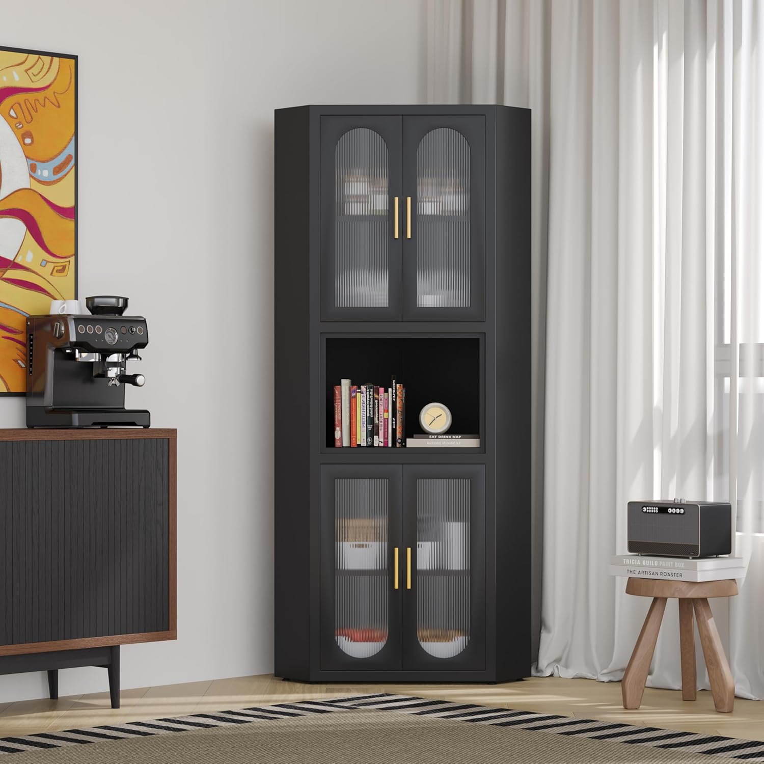 GAIOUS 63.6' Tall Corner Cabinet, Metal Pantry Storage Cabinet with 4 Acrylic Glass Doors & 1 Open Bar Shelf, Farmhouse Corner Cupboard for Kitchen Bathroom Living Room Bedroom Hallways (Black)