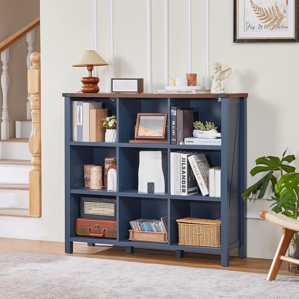 Joaxswe 9 Cube Bookcase, Farmhouse 47 Inch Wide Navy Blue Bookshelf, Wooden 3 Tier Display Large Open Book Shelf, Vintage Horizontal Book Case for Home Office, Cubby Storage Cabinet for Living Room