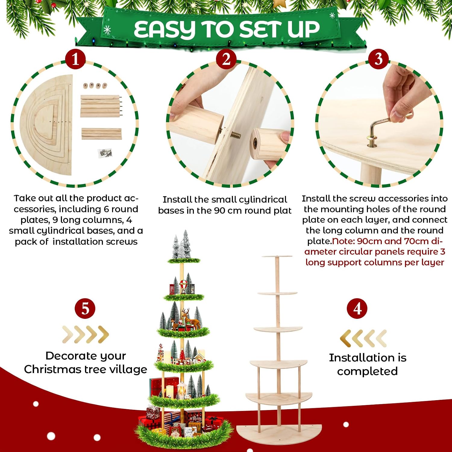 DoubleFill 6 Tier 72 Inch Christmas Tree Village Stand Christmas Bookshelf Display Supply Large Xmas Ornament Displays Tree Stands Xmas Wooden Display Trees Stand for Holiday Displays (Semicircle)
