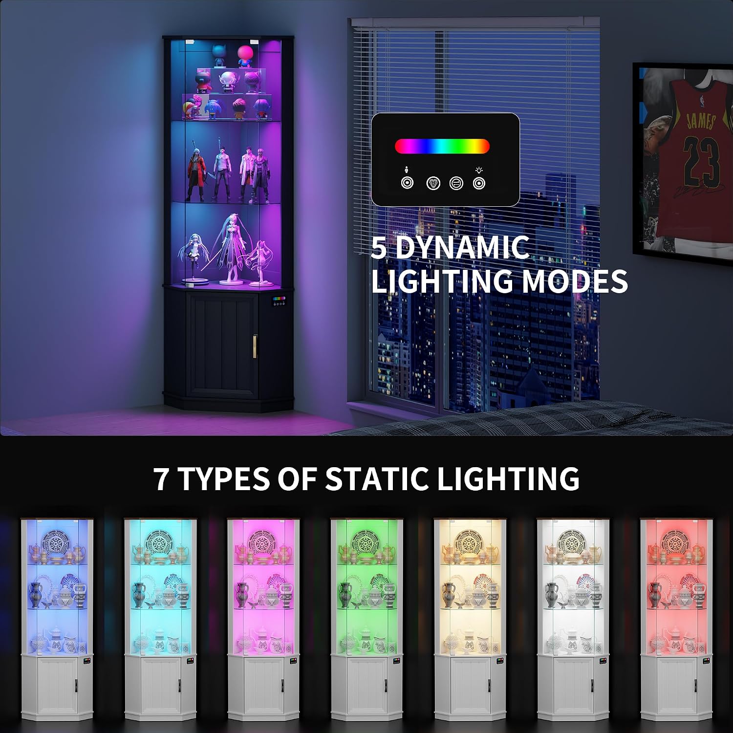 Lvifur 69' Corner Display Cabinet with RGB Lights,3-Tier Movable Glass Shelves,Curio Display with Human Body Sensor,Bookcase with Storage Cabinet for Toys,Books,Collectibles,Liquor,Black