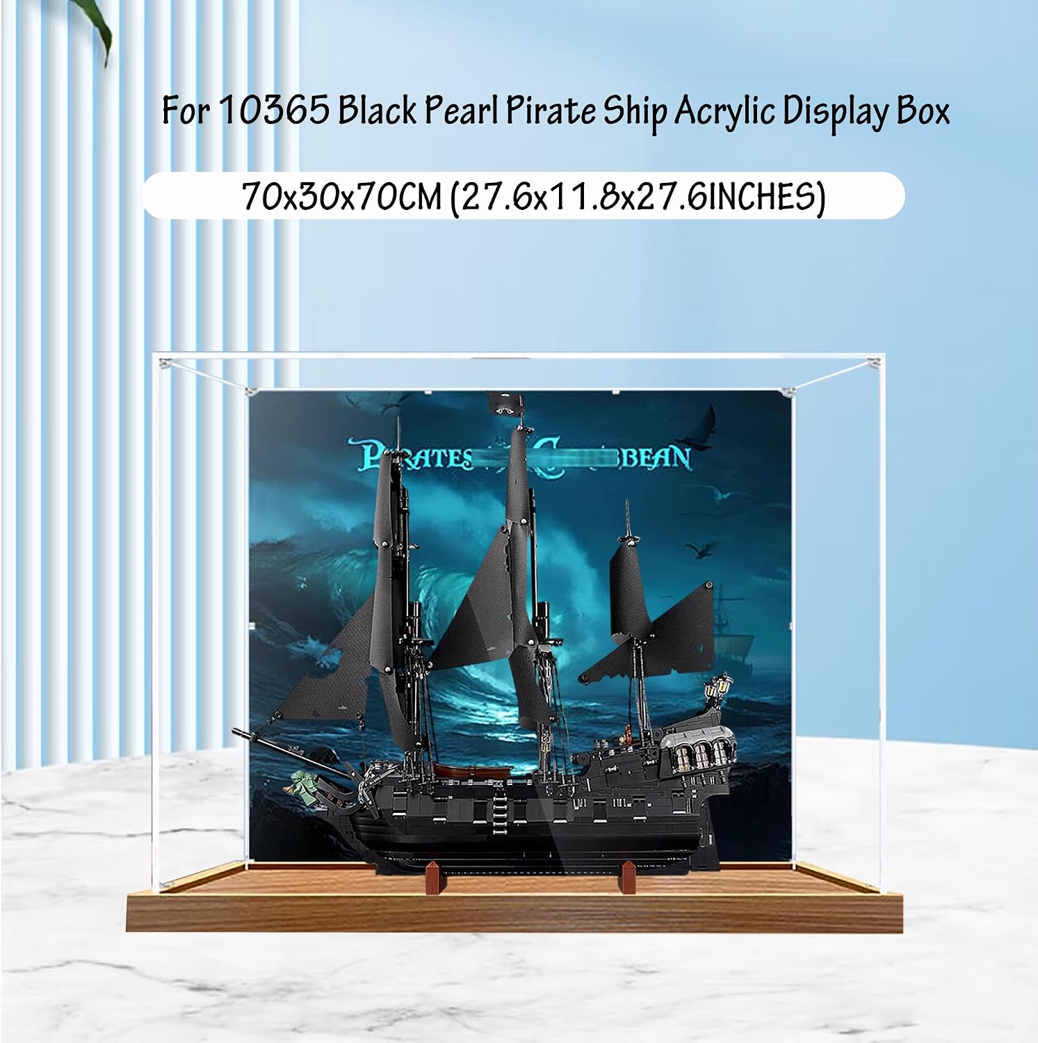 Acrylic Display Case for Lego 10365 Black Pearl Pirate Ship Model, 3mm Dustproof Display Box, Display Case Compatible with Lego 10365 (Model Not Included) (Background Wooden Base)