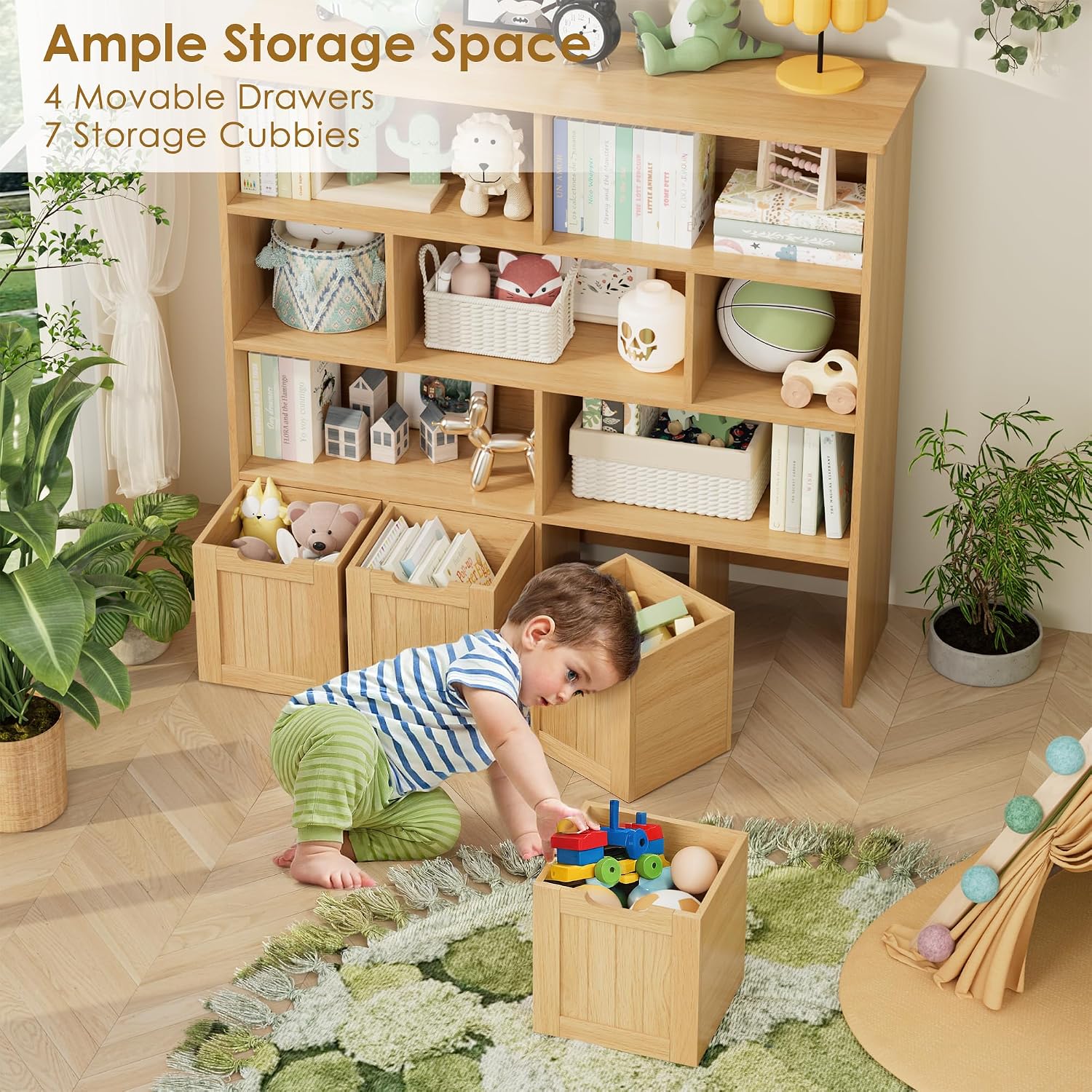 FINETONES Toy Storage Organizer, Kids Bookshelf with 4 Movable Chests and 7 Storage Cubes, Toy Chest Storage Shelf Organizer with Hidden Wheels, Toy Organizers and Toy Storage, Natural