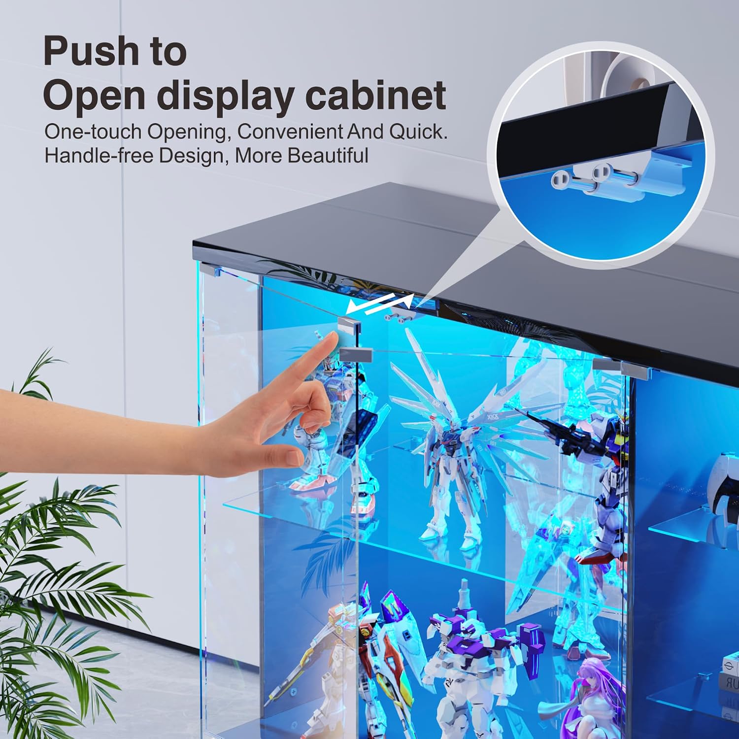 Lvifur High Gloss Display Cabinet - with Lock & LED Light, Curio Cabinet with Human Body Sensor & Glass Shelves for Toys, Books, Collectibles, Liquor, Bookcase for Living Room, Kitchen, Study, Black