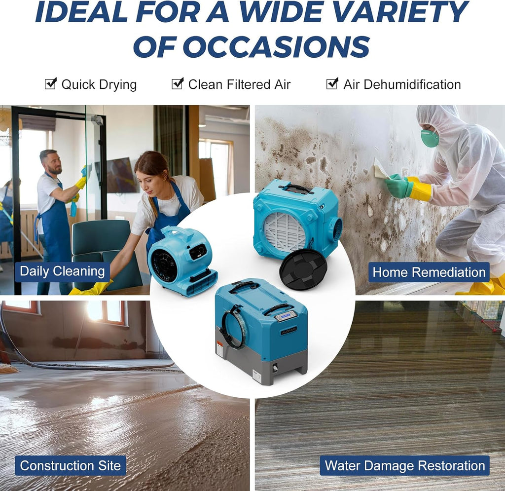 ALORAIR Water Damage Restoration Combo Package 8x Air Mover 2x Air Scrubber 1x Commercial Dehumidifier Ideal for Industrial, Commercial & Home Use - Set 2