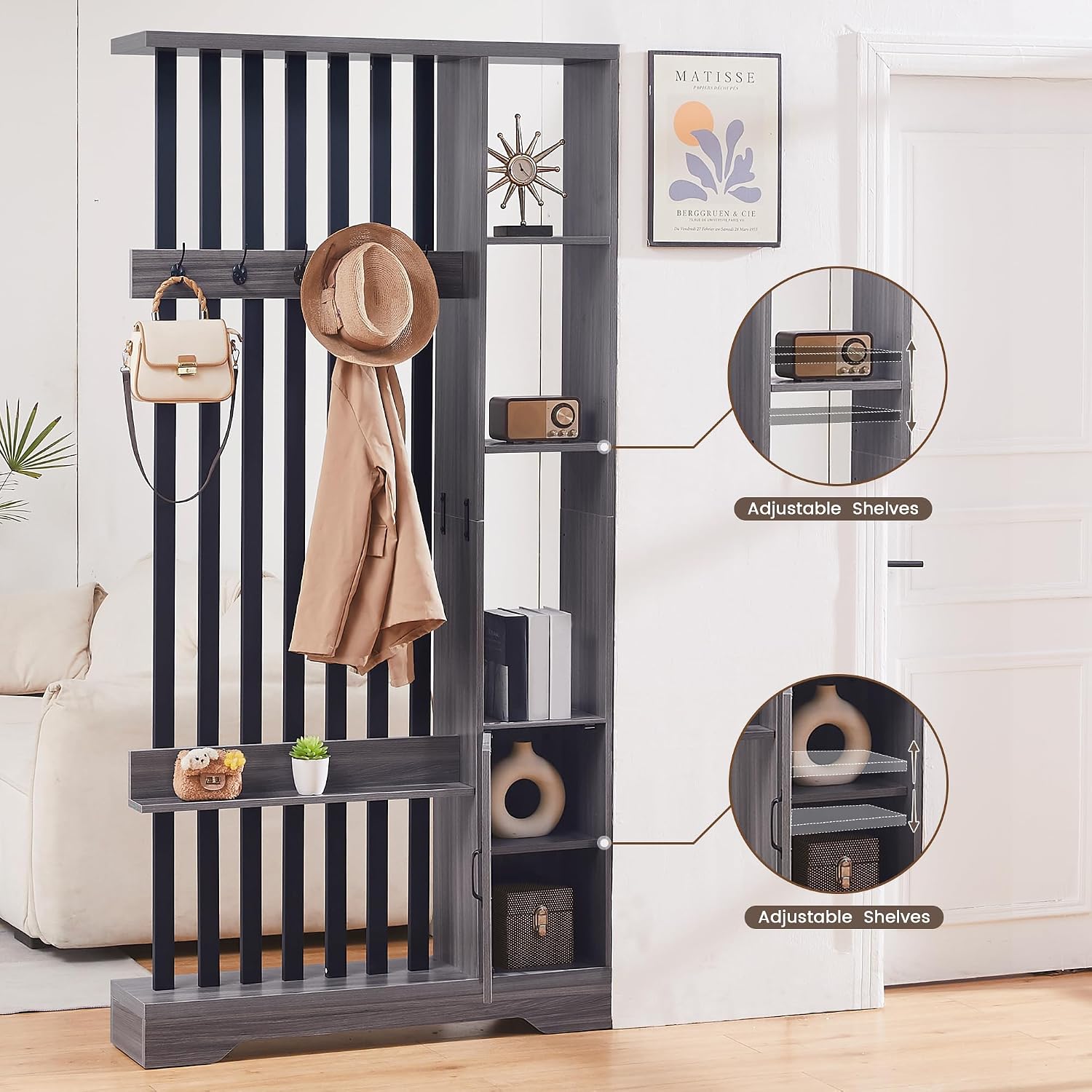 Room Divider with Shelves, Wall Room Divider Bookshelf, Freestanding Wood Privacy Screen with Storage Cabinet, Coat Rack, Display Shelf for Living Room Separation, Home Office Decorative (Grey)