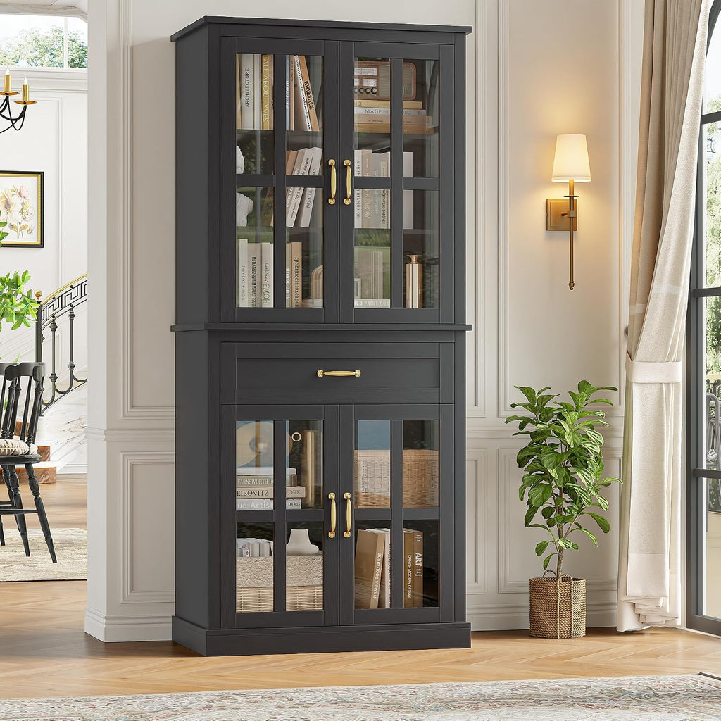 FOTOSOK 71'' Tall Kitchen Cabinet with Glass Doors and Drawer, Freestanding Food Pantry with Adjustable Shelves for Dining Living Room, Black