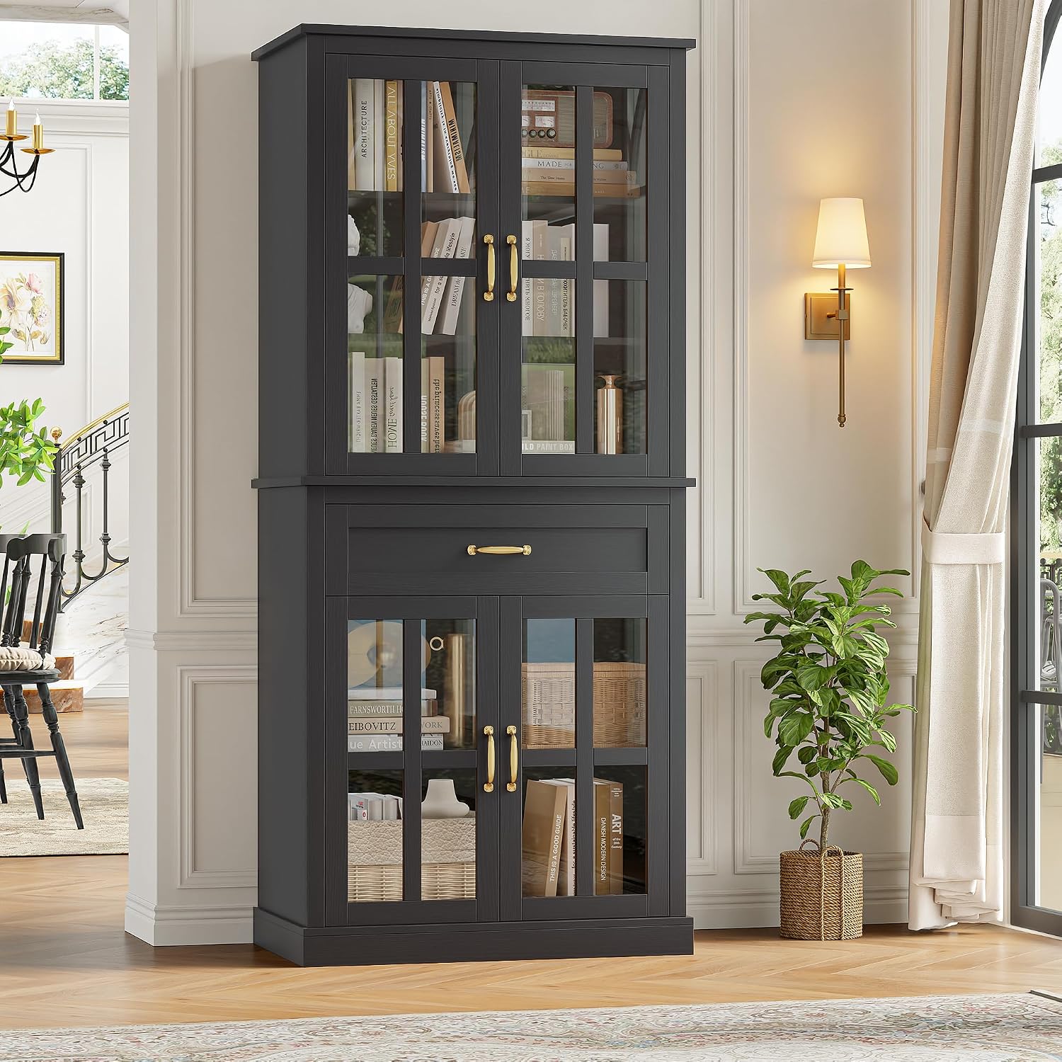 FOTOSOK 71'' Tall Kitchen Cabinet with Glass Doors and Drawer, Freestanding Food Pantry with Adjustable Shelves for Dining Living Room, Black