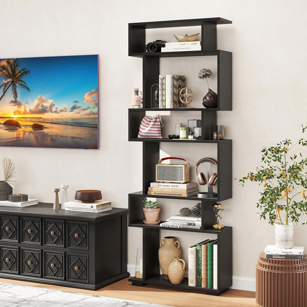 Tangkula 6-Tier S-Shaped Bookshelf, 64' Freestanding Geometric Bookcase, Home Office Wood Storage Shelf with Anti-Toppling Device, Room Divider Display Rack for Study, Living Room (2, Black)