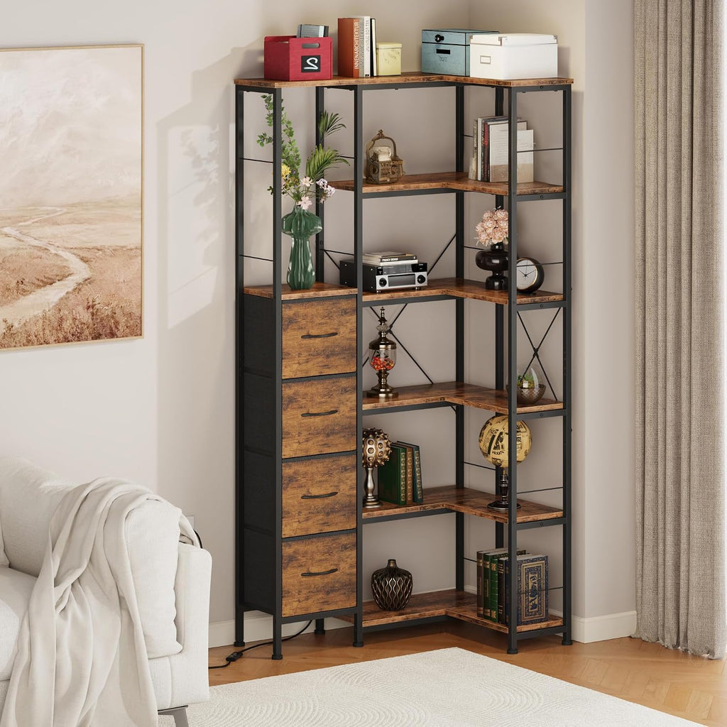 AFLUI Corner Bookshelf with LED Light Strips & 4 Fabric Drawers, 6-Tier Convertible Corner Shelf with Display Shelf, Large Wood Industrial Bookcase for Living Room, Bedroom, Home Office, Rustic Brown